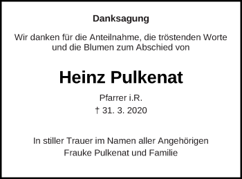 Traueranzeige von Heinz Pulkenat von Mecklenburger Schweiz