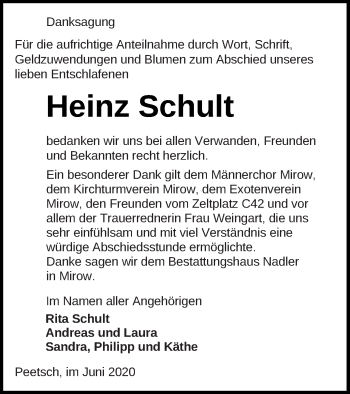 Traueranzeige von Heinz Schult von Strelitzer Zeitung