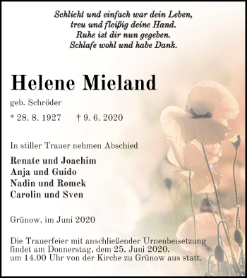 Traueranzeige von Helene Mieland von Prenzlauer Zeitung