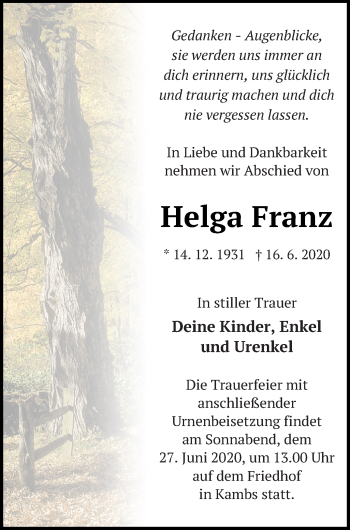 Traueranzeige von Helga Franz von Müritz-Zeitung