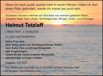 Traueranzeige von Helmut Tetzlaff von Haff-Zeitung