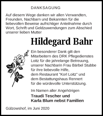 Traueranzeige von Hildegard Bahr von Vorpommern Kurier