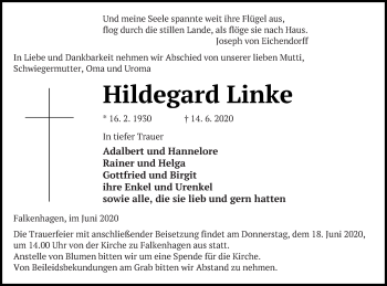 Traueranzeige von Hildegard Linke von Prenzlauer Zeitung