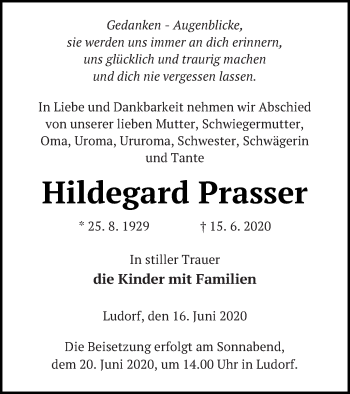 Traueranzeige von Hildegard Prasser von Müritz-Zeitung