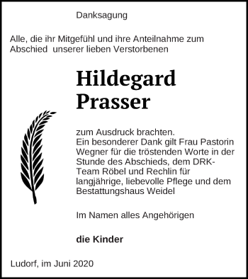 Traueranzeige von Hildegard Prasser von Müritz-Zeitung