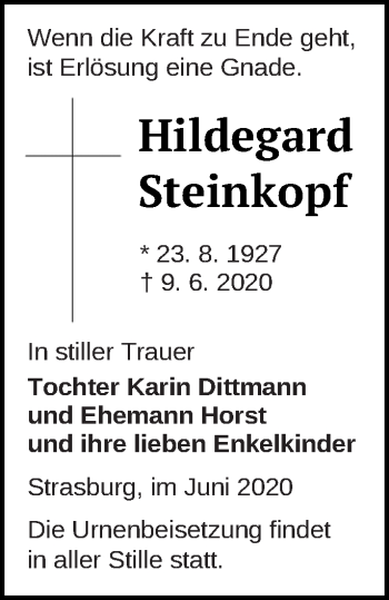 Traueranzeige von Hildegard Steinkopf von Pasewalker Zeitung