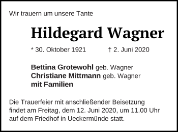 Traueranzeige von Hildegard Wagner von Haff-Zeitung