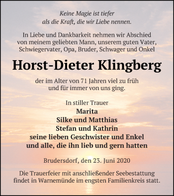 Traueranzeige von Horst-Dieter Klingberg von Mecklenburger Schweiz