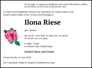Traueranzeige von Ilona Riese von Haff-Zeitung