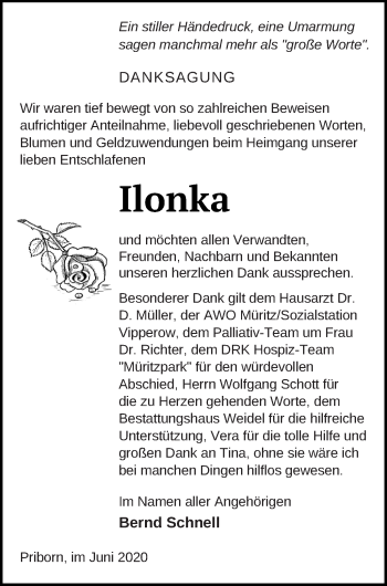 Traueranzeige von Ilonka  von Müritz-Zeitung