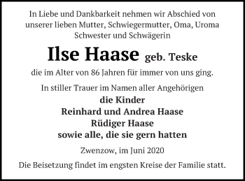 Traueranzeige von Ilse Haase von Strelitzer Zeitung