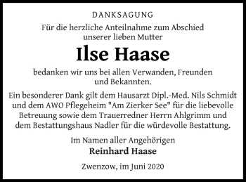 Traueranzeige von Ilse Haase von Strelitzer Zeitung