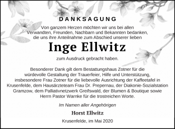 Traueranzeige von Inge Ellwitz von Vorpommern Kurier