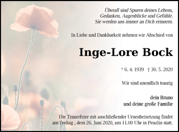 Traueranzeige von Inge-Lore Bock von Mecklenburger Schweiz