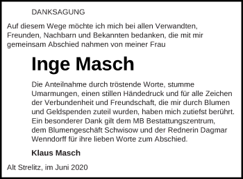 Traueranzeige von Inge Masch von Strelitzer Zeitung