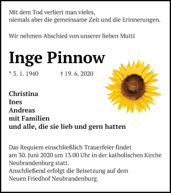 Traueranzeige von Inge Pinnow von Neubrandenburger Zeitung