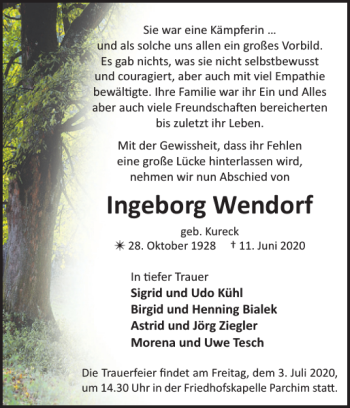 Traueranzeige von Ingeborg Wendorf von Parchimer Zeitung