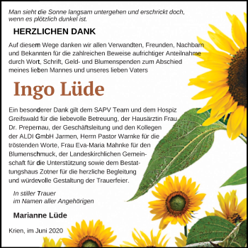 Traueranzeige von Ingo Lüde von Vorpommern Kurier