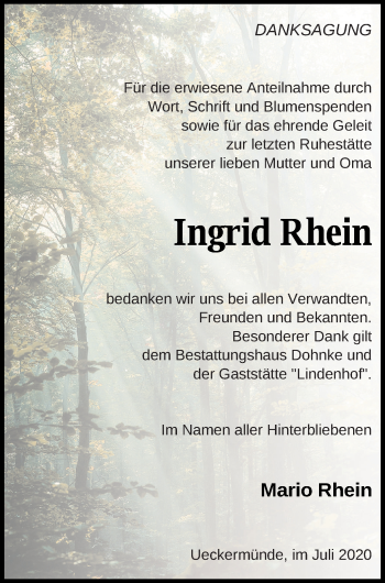 Traueranzeige von Ingrid Rhein von Haff-Zeitung