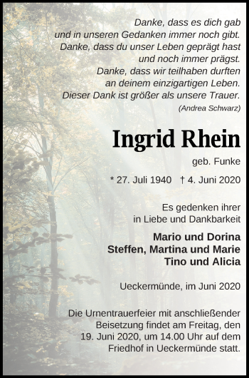 Traueranzeige von Ingrid Rhein von Haff-Zeitung