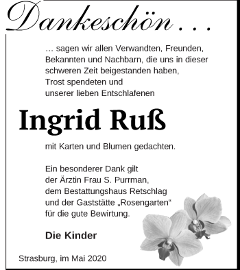 Traueranzeige von Ingrid Ruß von Pasewalker Zeitung