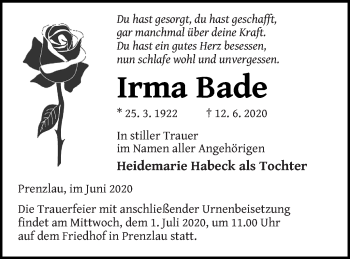 Traueranzeige von Irma Bade von Prenzlauer Zeitung