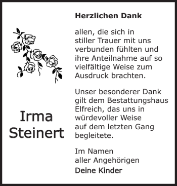 Traueranzeige von Irma Steinert von Der Prignitzer