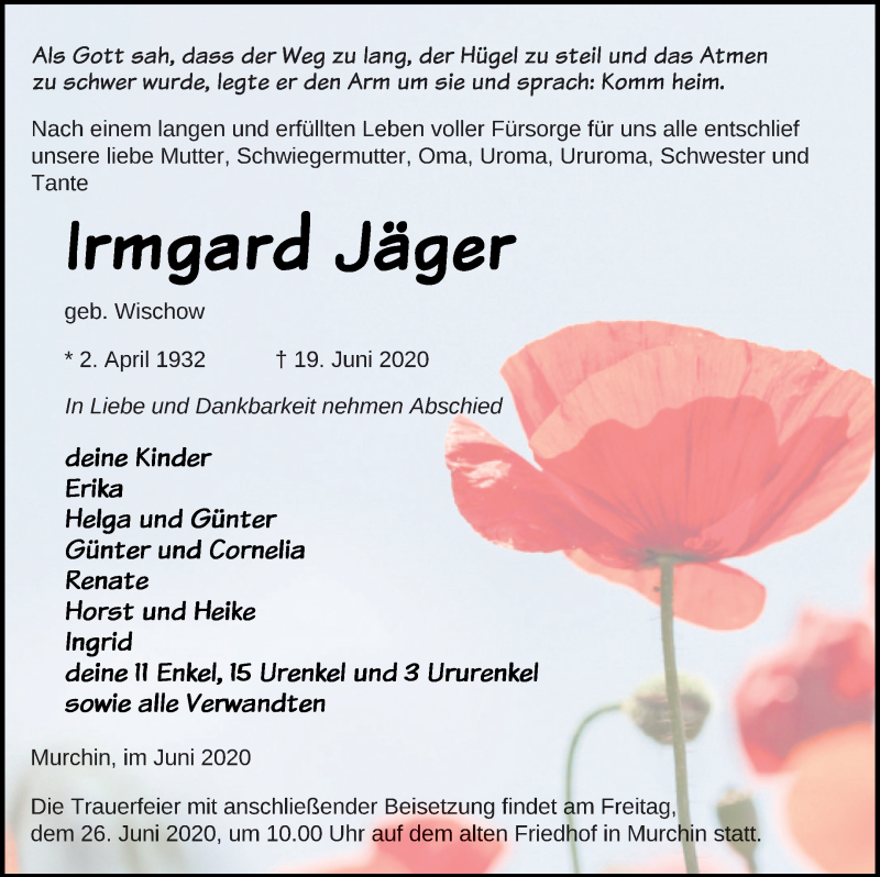  Traueranzeige für Irmgard Jäger vom 23.06.2020 aus Vorpommern Kurier
