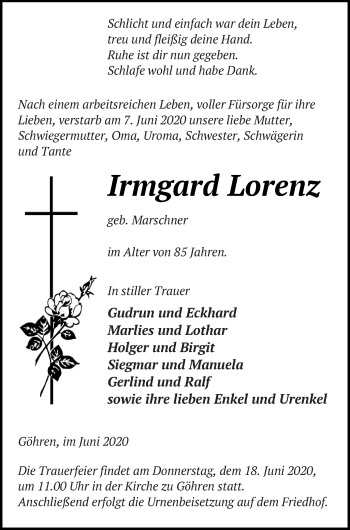 Traueranzeige von Irmgard Lorenz von Strelitzer Zeitung