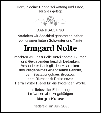 Traueranzeige von Irmgard Nolte von Pasewalker Zeitung