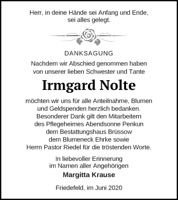 Traueranzeige von Irmgard Nolte von Pasewalker Zeitung