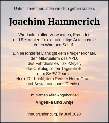 Traueranzeige von Joachim Hammerich von Neubrandenburger Zeitung