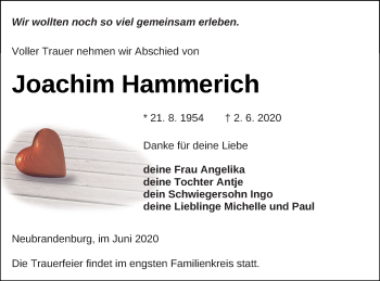 Traueranzeige von Joachim Hammerich von Neubrandenburger Zeitung