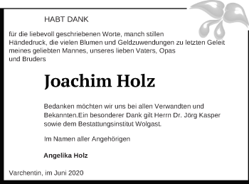 Traueranzeige von Joachim Holz von Müritz-Zeitung