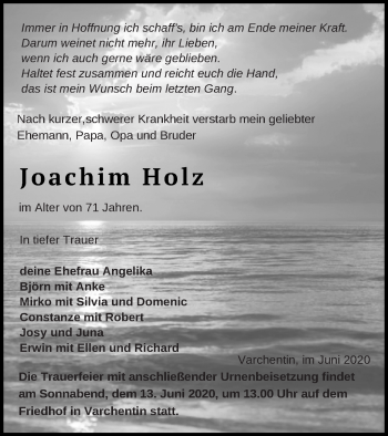 Traueranzeige von Joachim Holz von Müritz-Zeitung