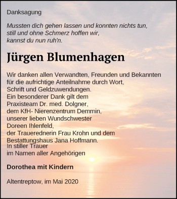 Traueranzeige von Jürgen Blumenhagen von Demminer Zeitung