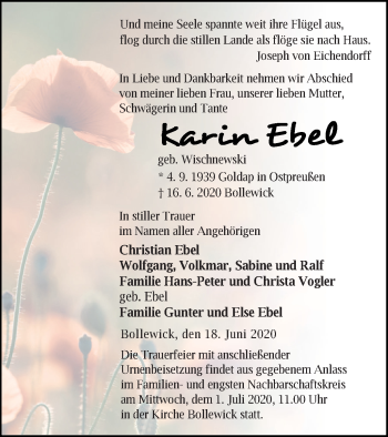 Traueranzeige von Karin Ebel von Müritz-Zeitung