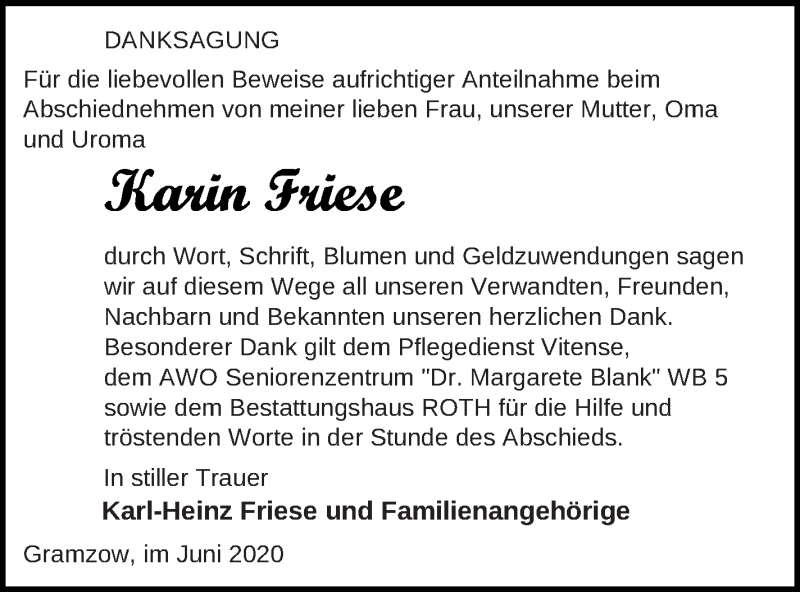  Traueranzeige für Karin Friese vom 19.06.2020 aus Prenzlauer Zeitung