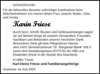 Traueranzeige von Karin Friese von Prenzlauer Zeitung