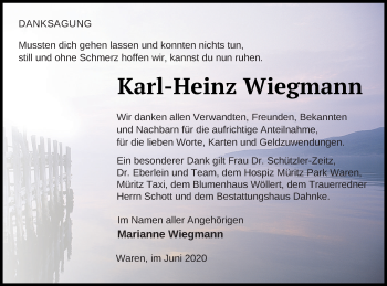 Traueranzeige von Karl-Heinz Wiegmann von Müritz-Zeitung