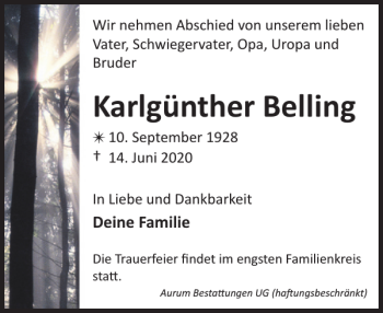 Traueranzeige von Karlgünther Belling von Zeitung für die Landeshauptstadt