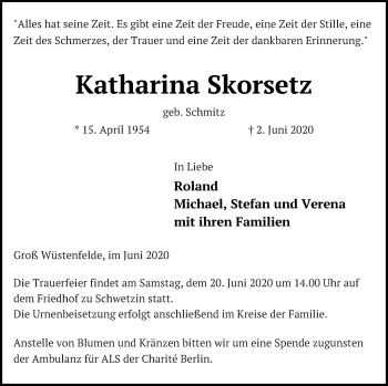 Traueranzeige von Katharina Skorsetz von Mecklenburger Schweiz