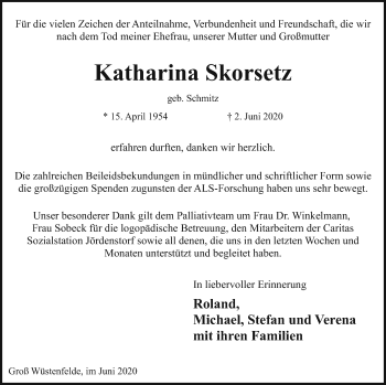 Traueranzeige von Katharina Skorsetz von Mecklenburger Schweiz