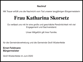 Traueranzeige von Katharina Skorsetz von Mecklenburger Schweiz