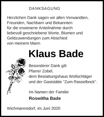 Traueranzeige von Klaus Bade von Templiner Zeitung