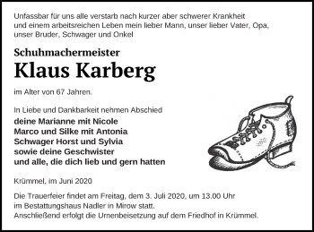 Traueranzeige von Klaus Karberg von Müritz-Zeitung