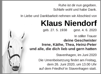 Traueranzeige von Klaus Niendorf von Mecklenburger Schweiz