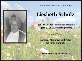 Traueranzeige von Liesbeth Schulz von Müritz-Zeitung