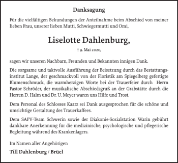 Traueranzeige von Liselotte Dahlenburg von Anzeiger für Sternberg - Brüel - Warin