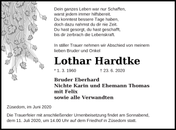 Traueranzeige von Lothar Hardtke von Pasewalker Zeitung